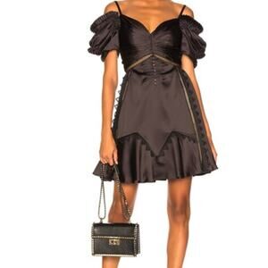 Self-Portrait Black Satin Lace Pleated Ruffle Off-Shoulder Mini Dress, size 2